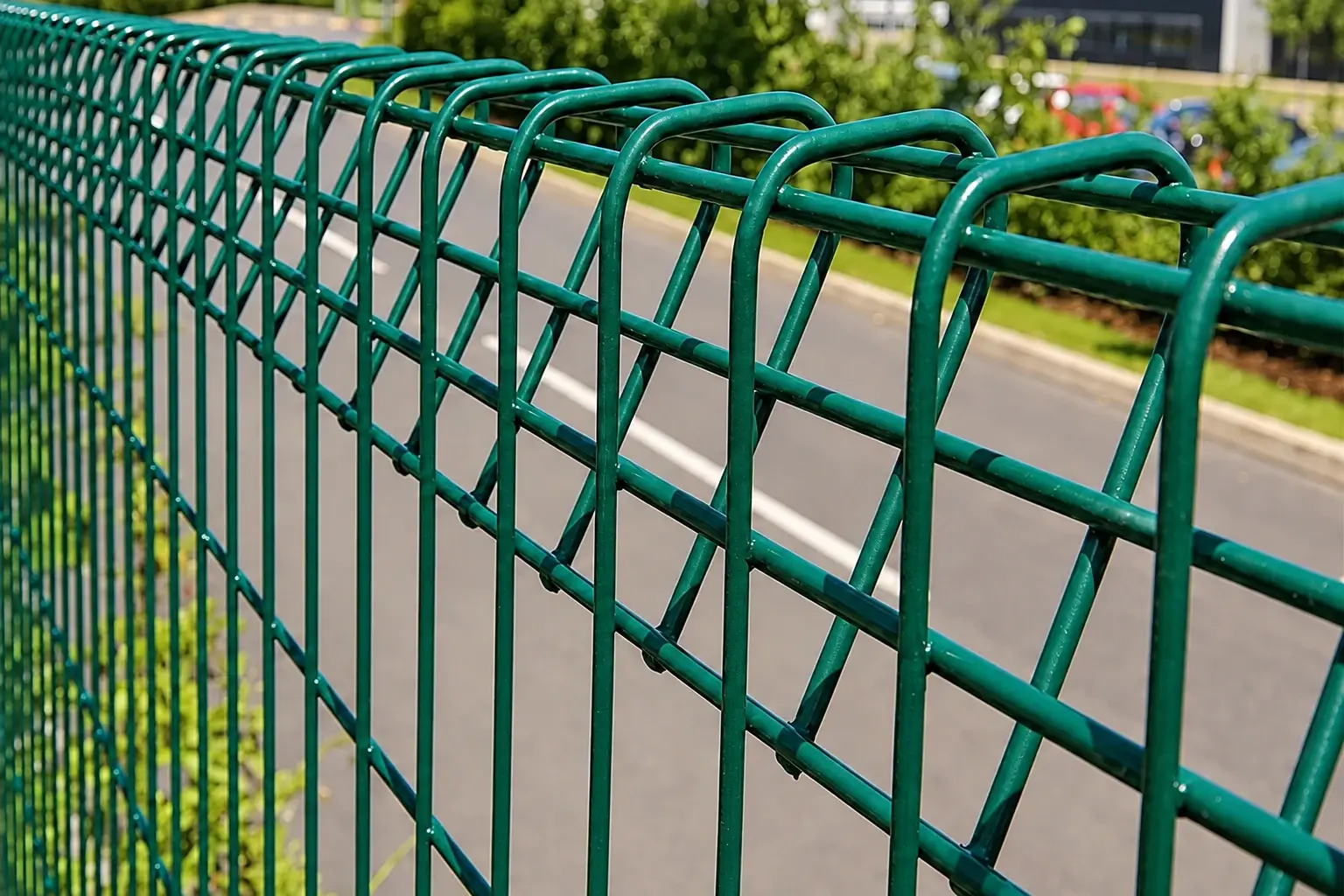 Close view of a green coated welded wire mesh panel outdoors