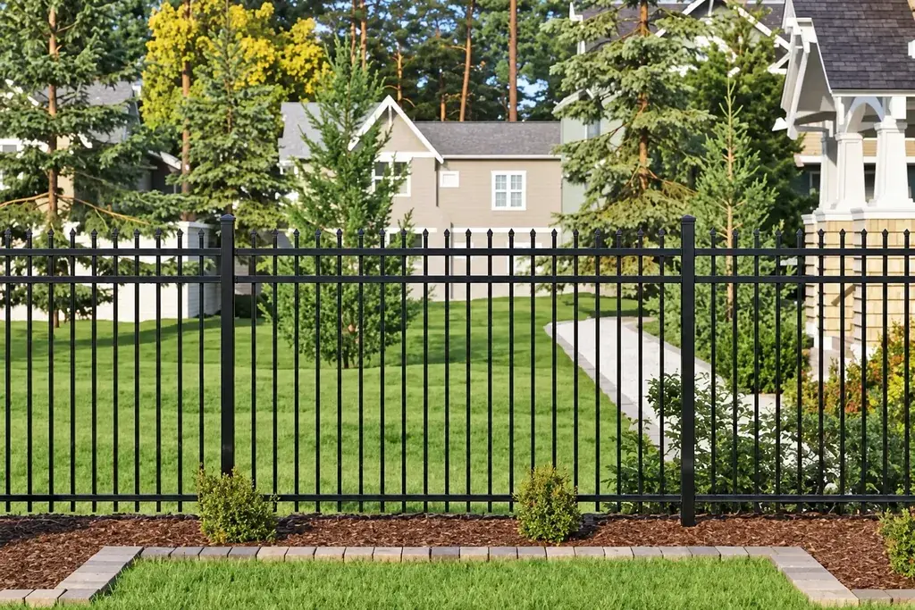 Dark aluminium spear top fence installed around a garden