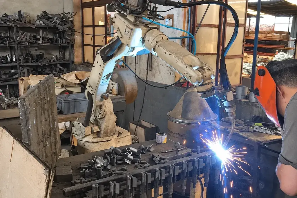Robotic arm welding a metal component in a workshop
