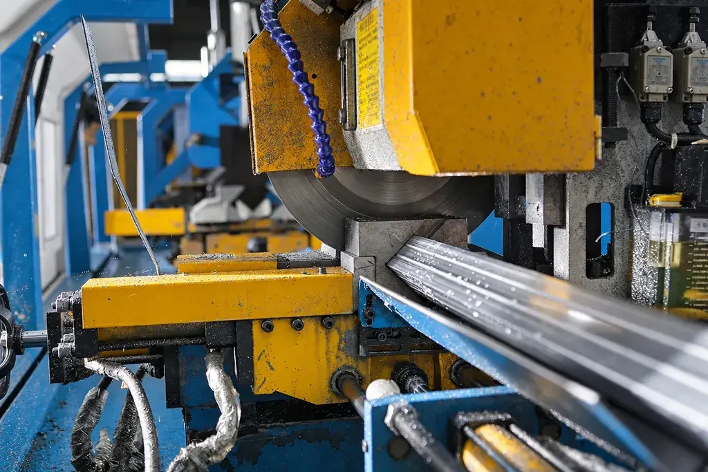Steel fence section passing through a cutting machine