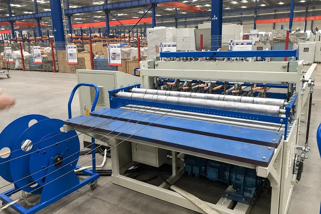 Wire feeding through an industrial fence-mesh weaving machine