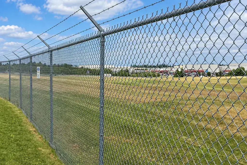 Metal chain link fence installed along a grassy boundary