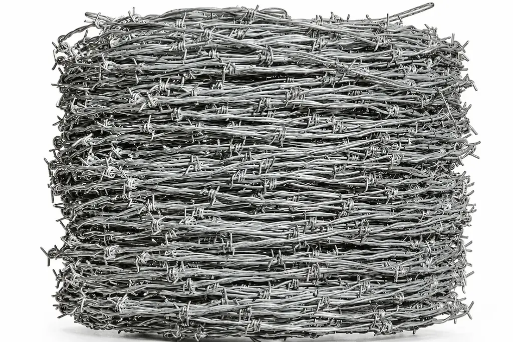 Roll of metallic coated barbed fence wire on a white background