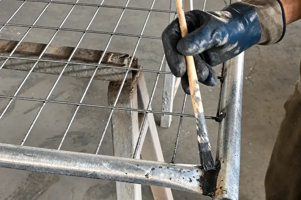 Gloved hand applying coating with a brush at a metal mesh frame joint