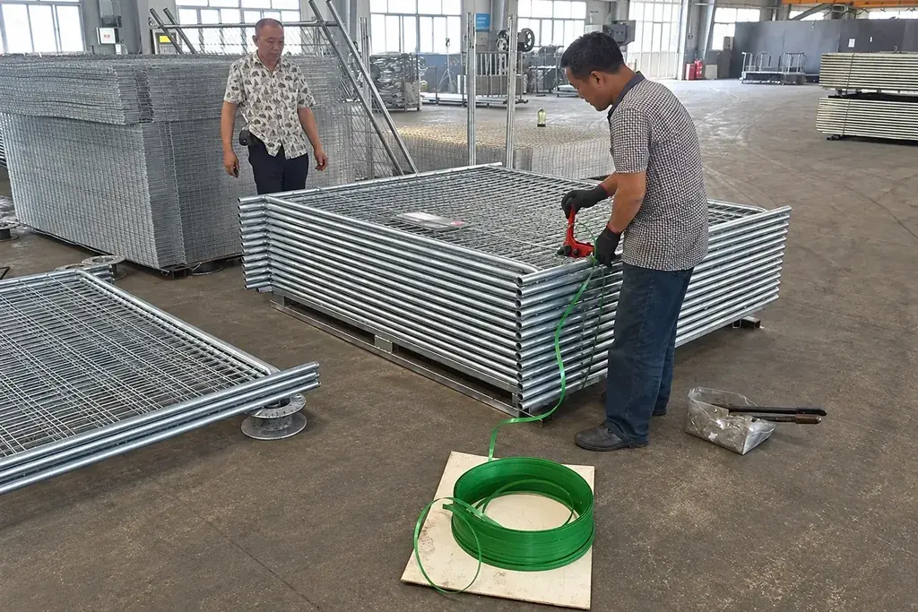 Worker applying a coating to stacked metal fence panels in a workshop