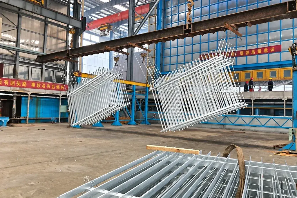 Steel fence panels at a hot-dip galvanizing facility