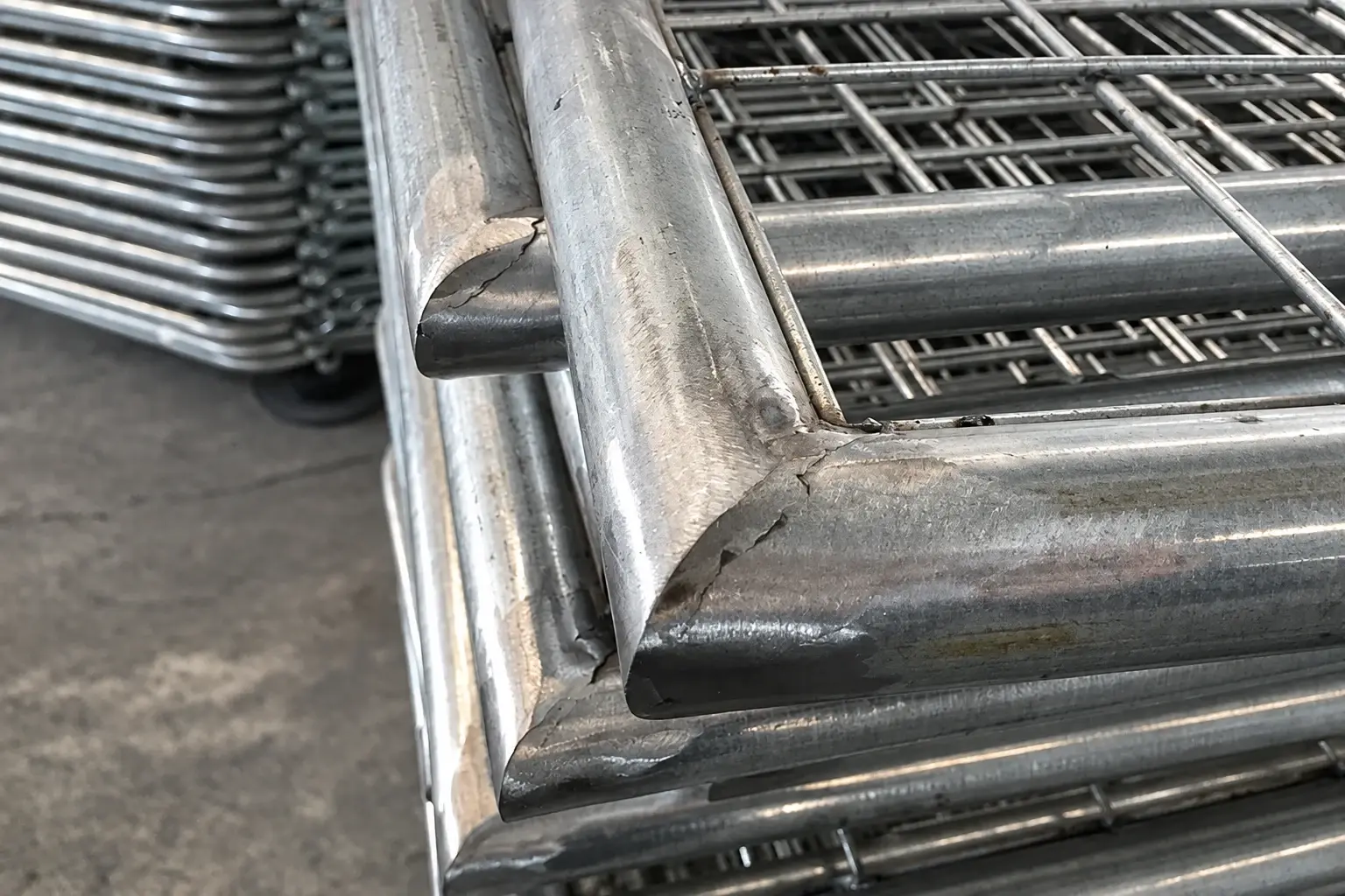 Stacked metal mesh gate frame corners in a workshop