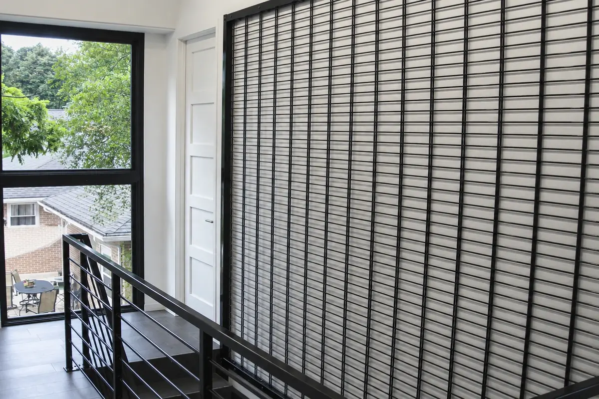 Installed double wire mesh fence panels beside a building
