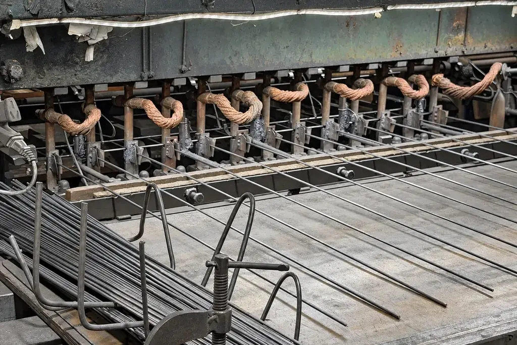 Steel wires positioned beneath an industrial mesh welding machine