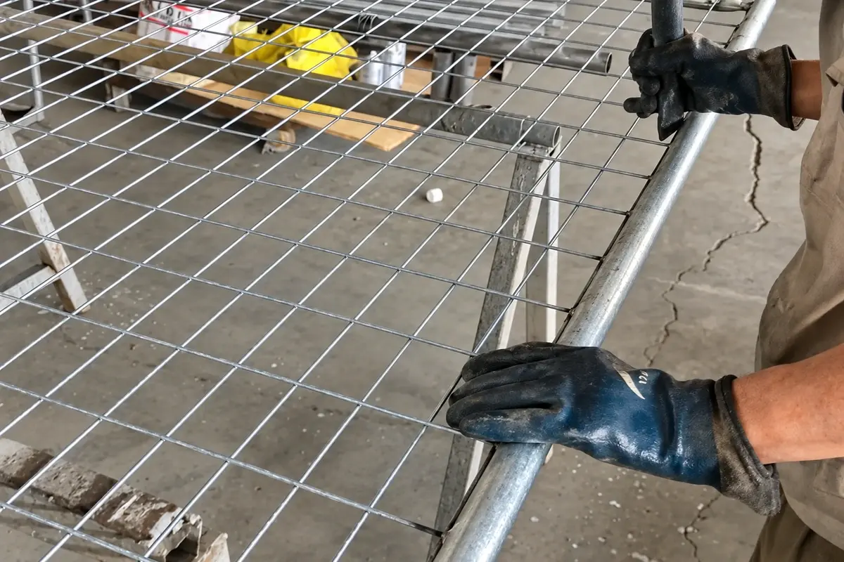 Worker handling mesh infill beside a metal gate frame in a workshop
