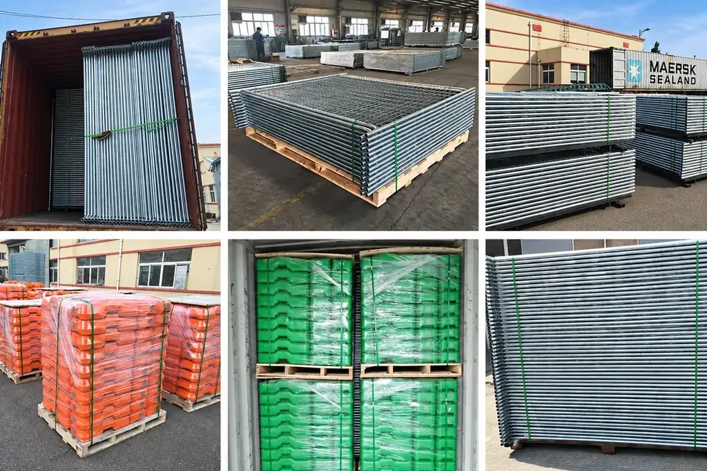 Photo collage of stacked temporary fence panels and bundled feet prepared for shipping