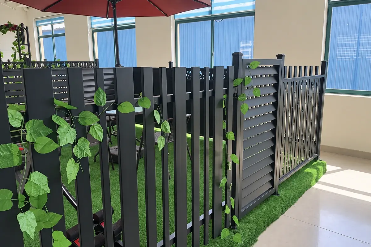 Display of dark aluminium slat fence bays and posts