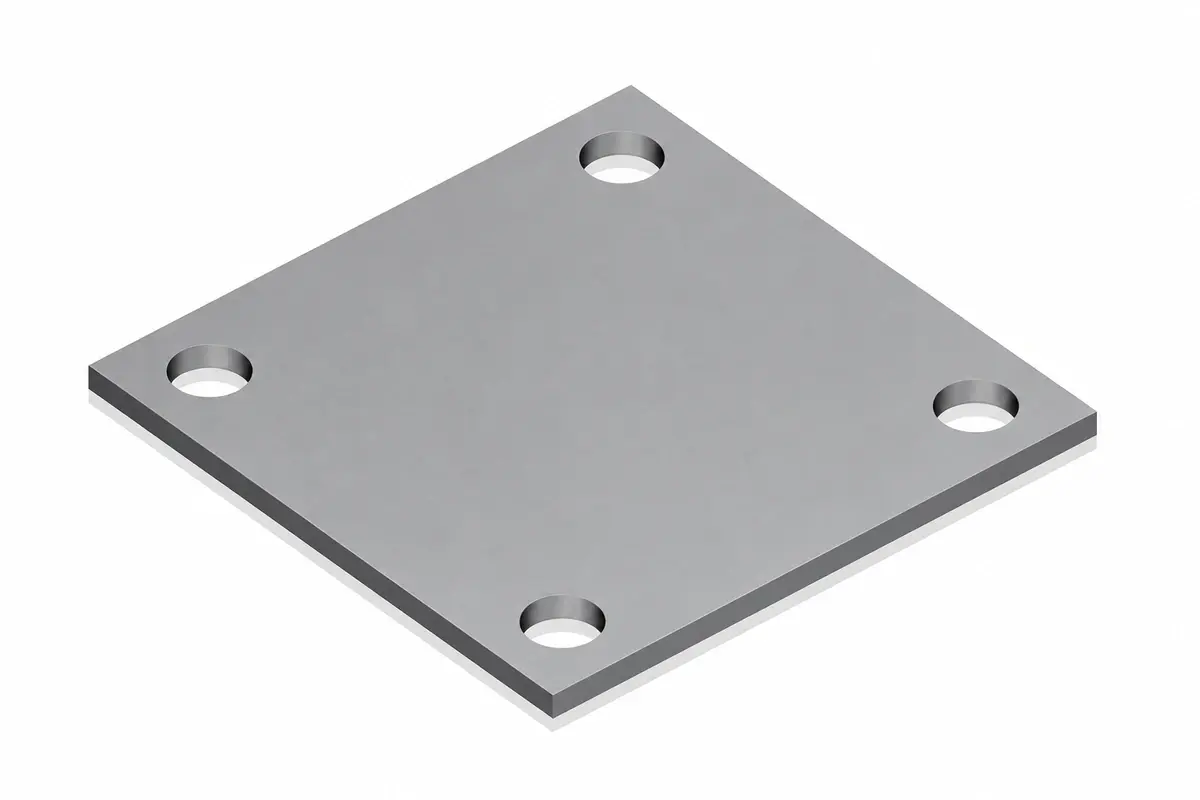 Illustration of a square metal base plate with four corner holes