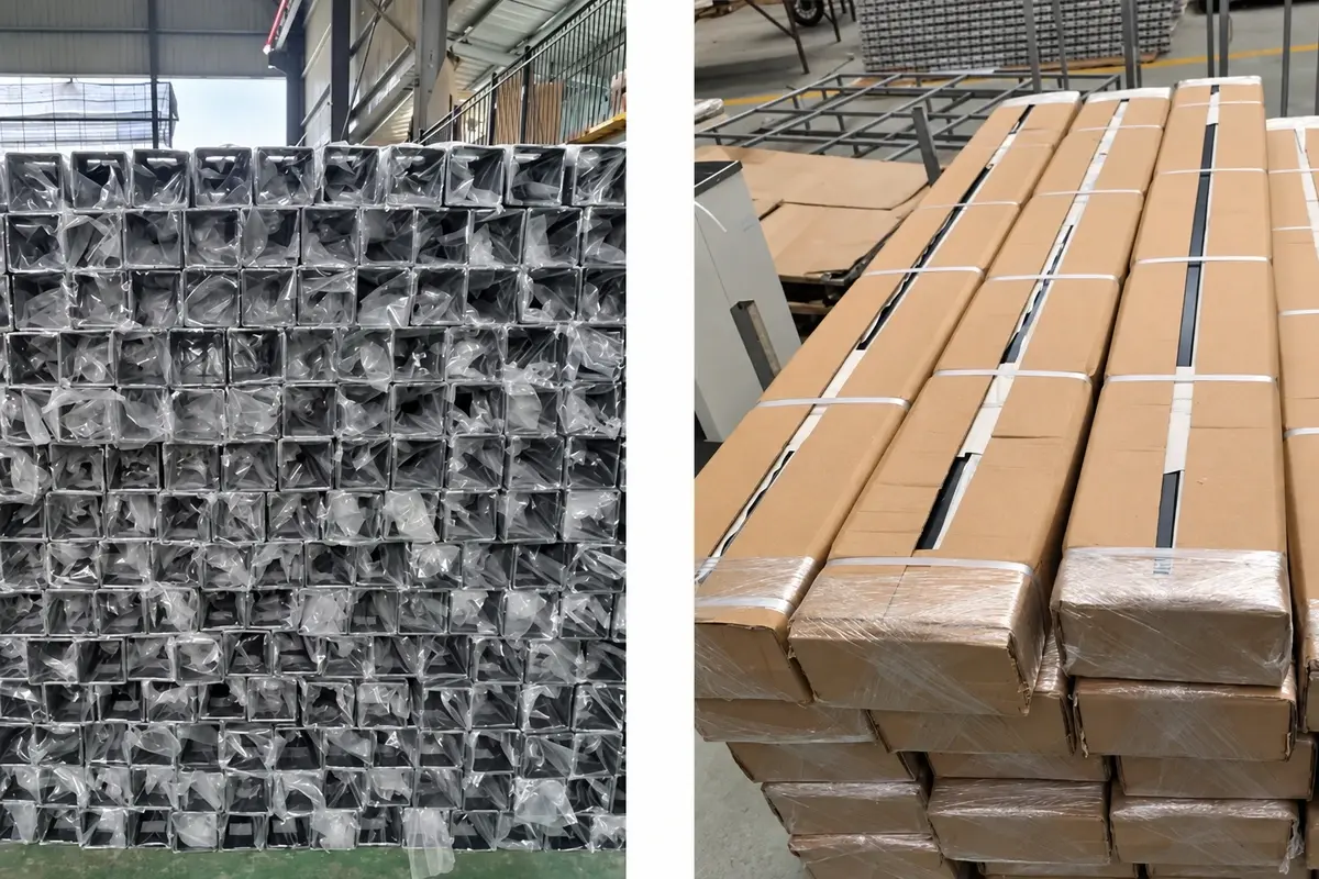 Two views of square metal fence posts stacked and wrapped for shipment