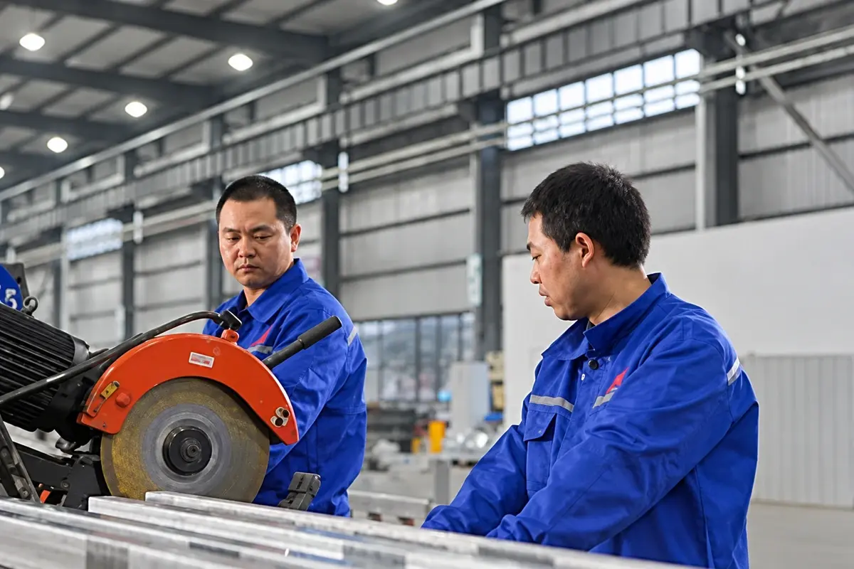 Workers cutting metal post sections at a workshop saw