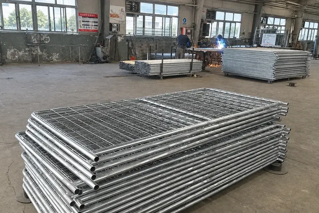 Stacked metal mesh gate panels in a fabrication workshop