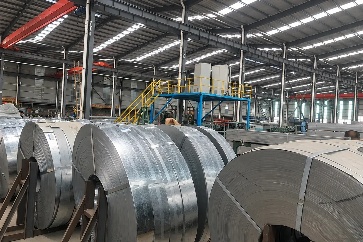 Carbon steel coils stored in a fabrication warehouse