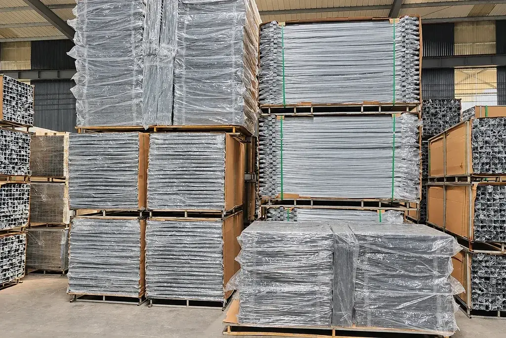 Wrapped steel fence panel bundles stacked in a warehouse