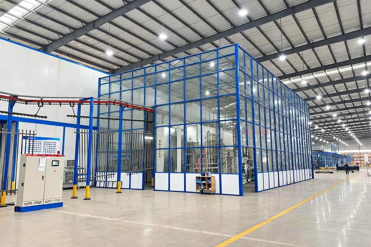Large industrial powder-coating line inside a factory