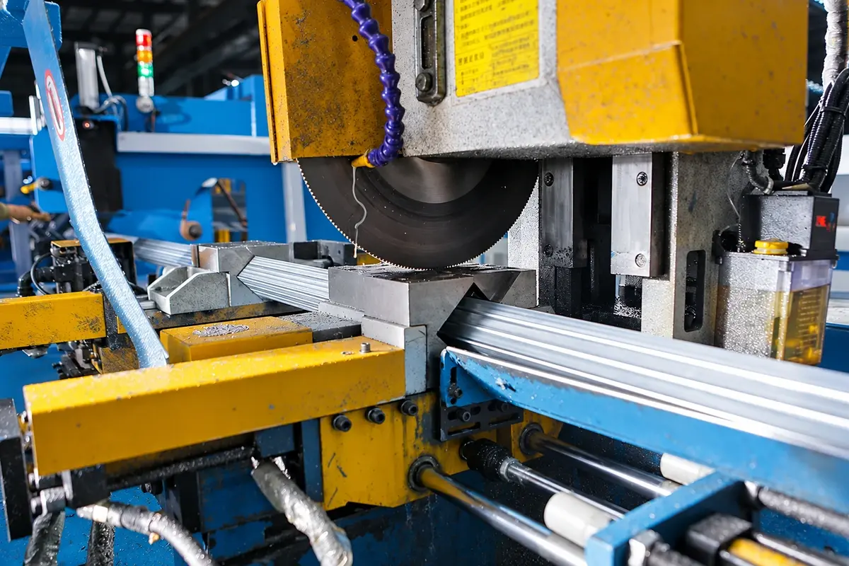 Machine cutting a metal section for fence fabrication
