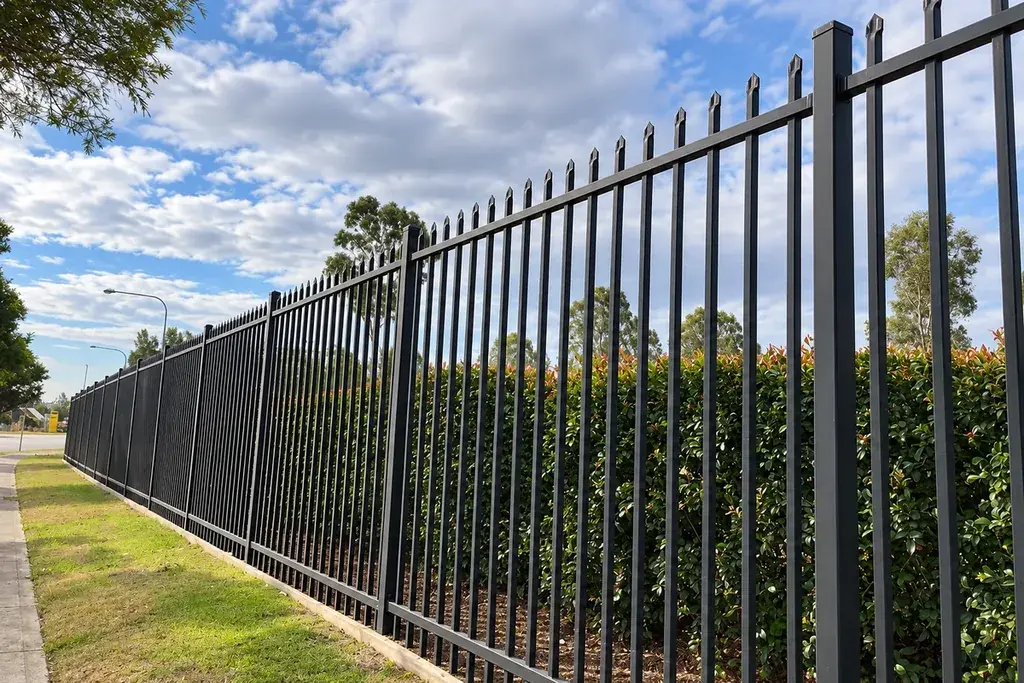 Black steel fence following a long site boundary