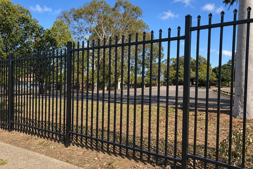Black steel gate within a fence opening