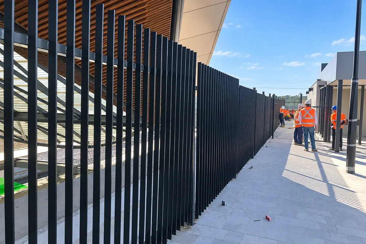 Installed black steel fence running beside a paved route