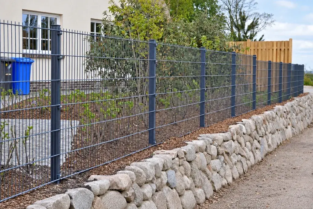 Installed metal mesh fence divided by posts along a boundary