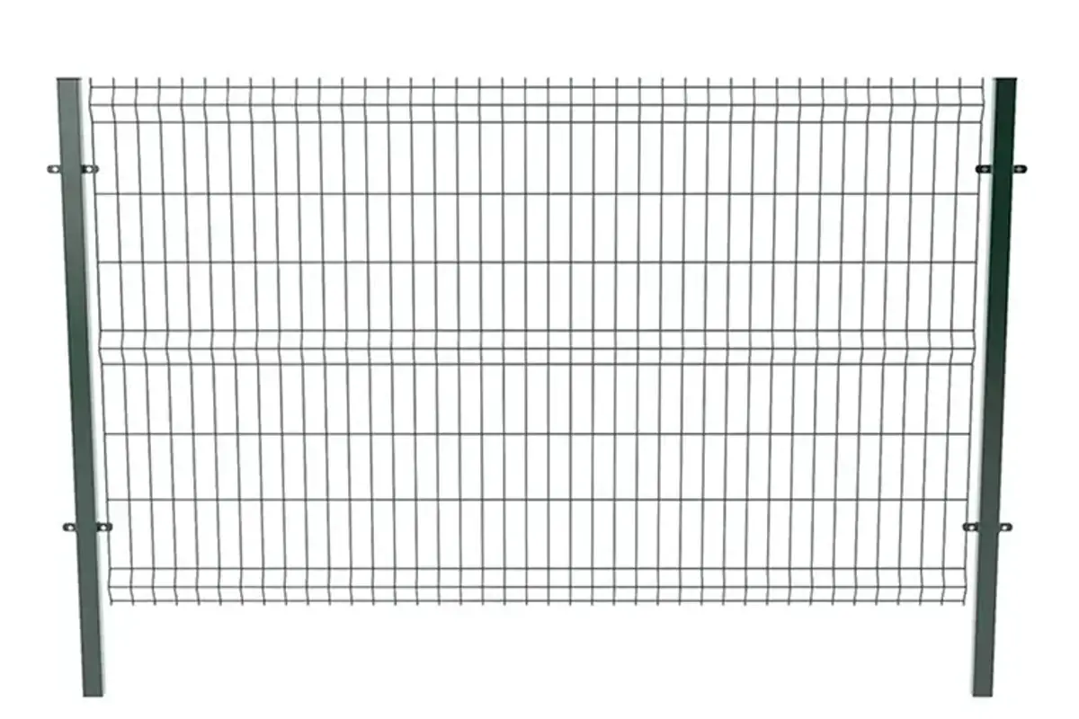 Single green profiled welded mesh fence panel on a white background