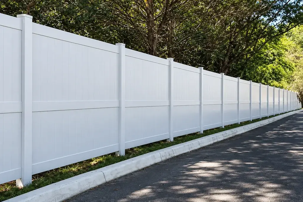 Solid white vinyl fence panels beside a road