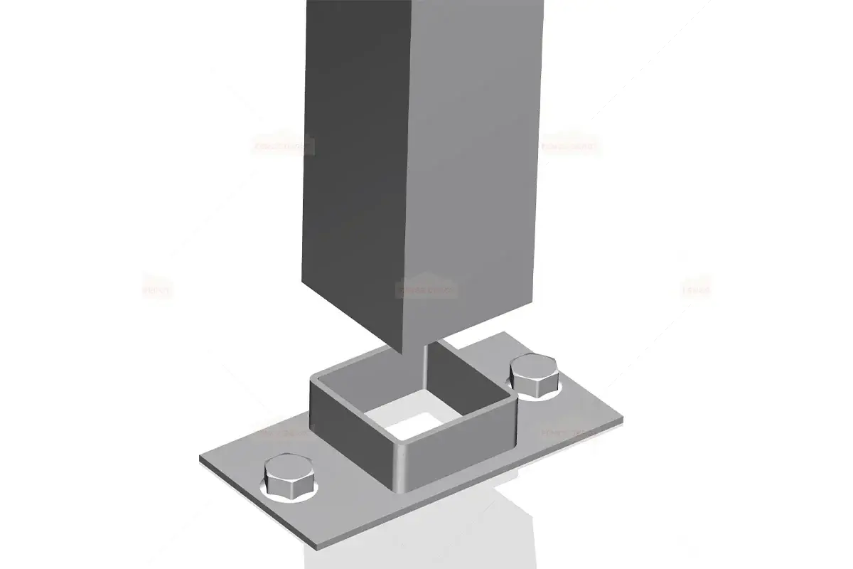 Illustration of a steel post base bracket and bolts