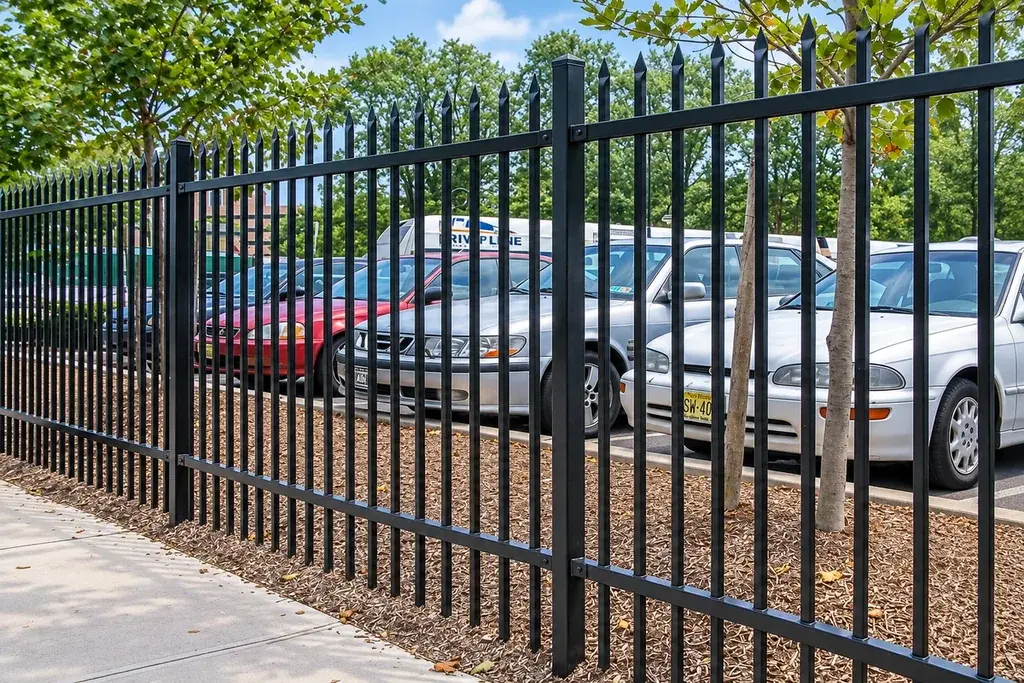 Black steel fence panels and posts beside a pavement