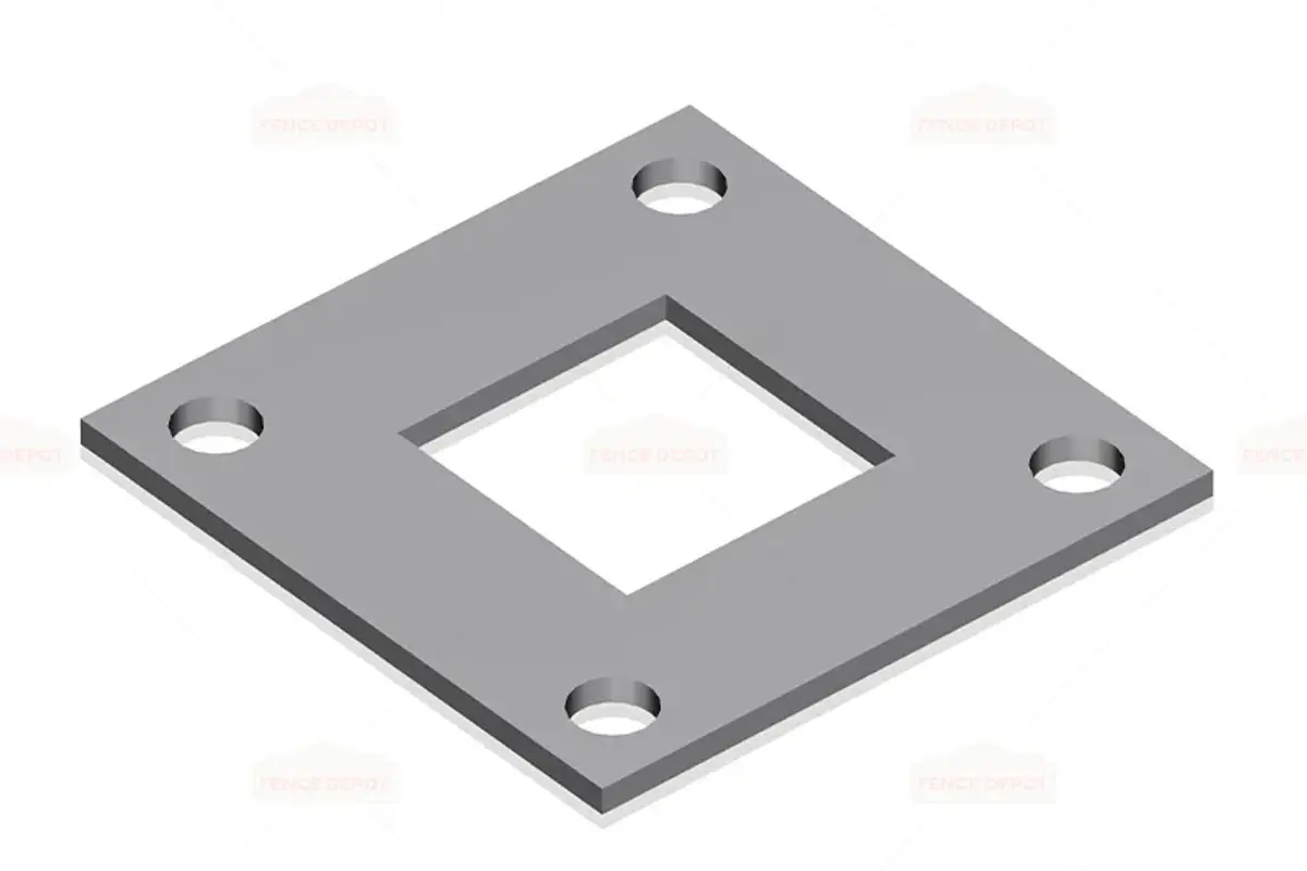 Illustration of a square steel post base plate with four anchor holes