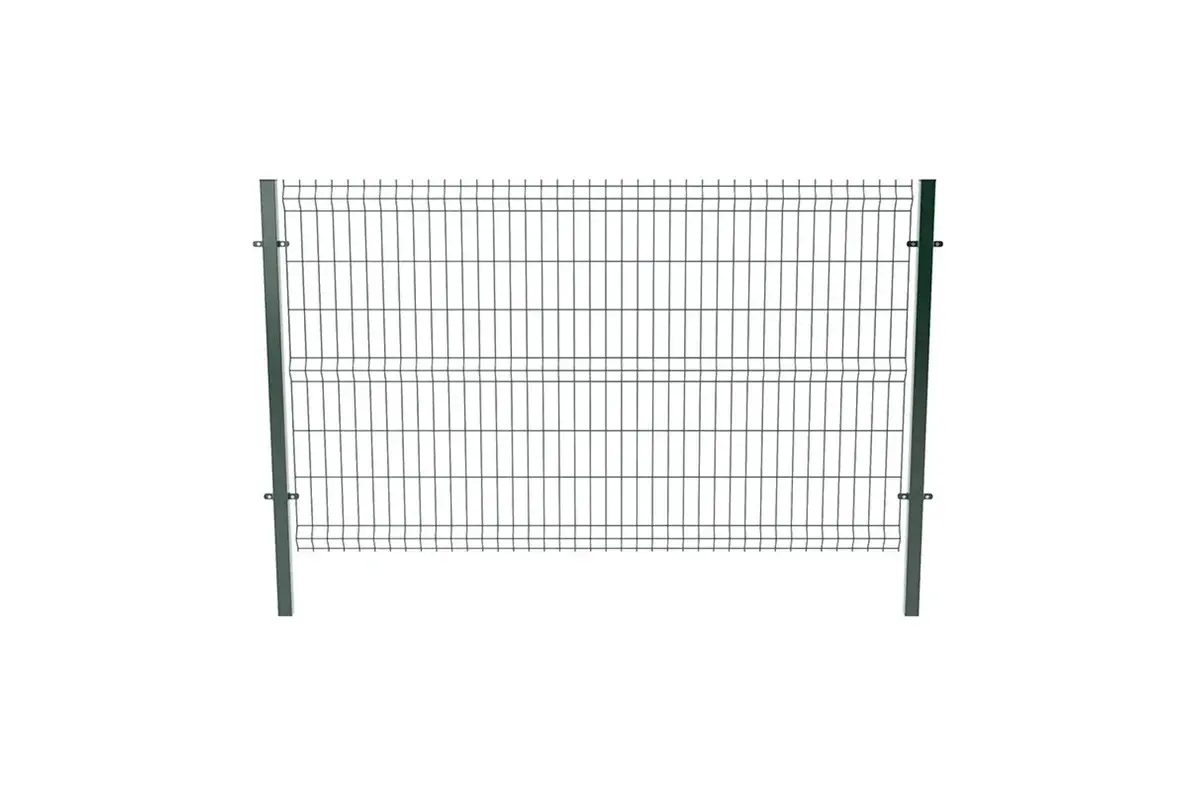 Green profiled welded mesh panel positioned between two posts