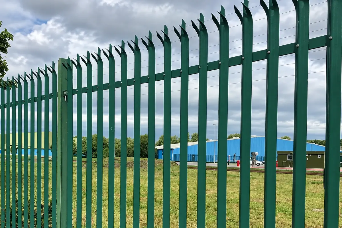 Installed green steel palisade fence with pointed pales and horizontal rails