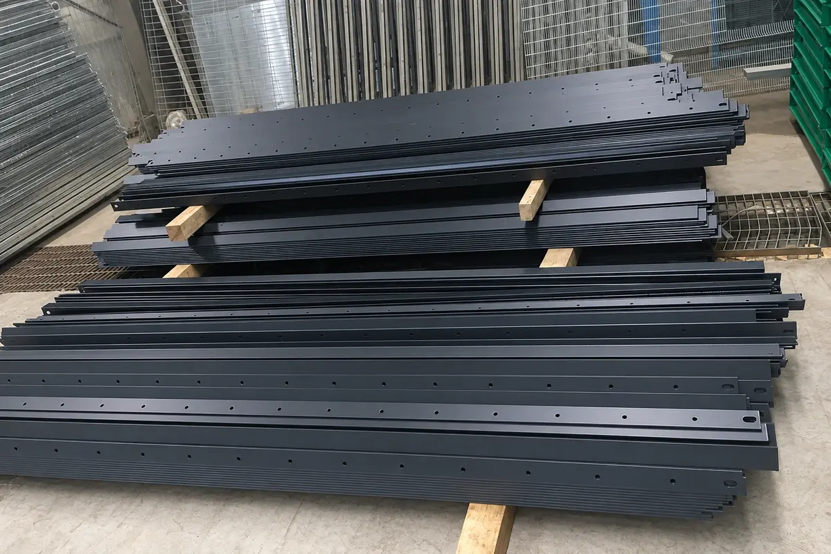 Stacked dark steel palisade rails and pales before installation
