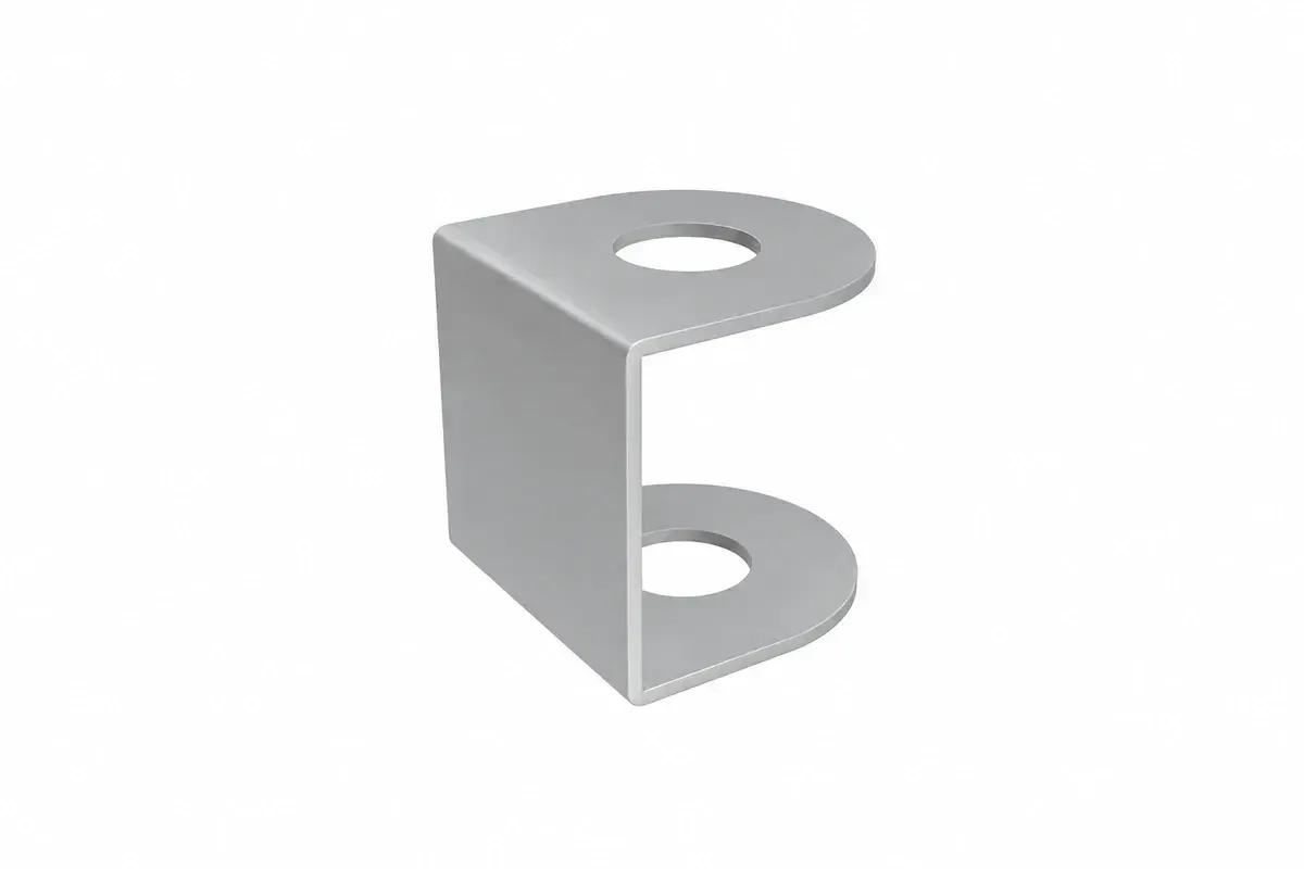 Illustration of a steel fence connection bracket with two bolt holes