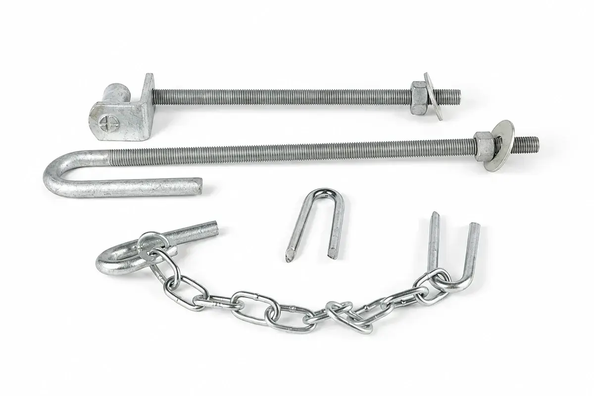 Galvanised farm gate hinge bolts and chain hardware laid out on white