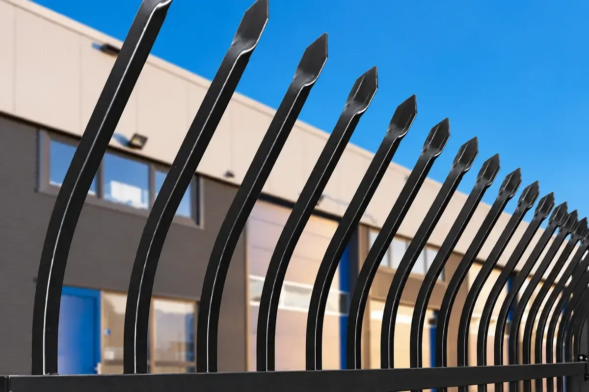 Close view of installed black steel fence pales and top rail