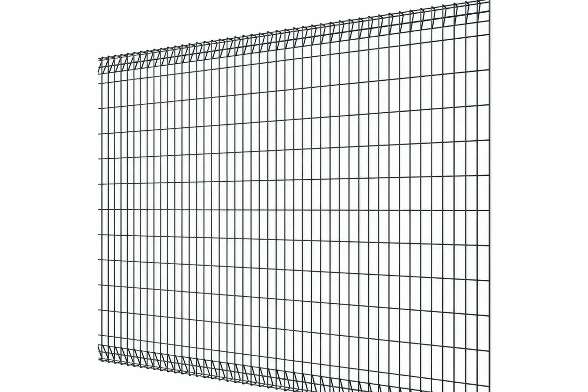 Dark rigid profiled mesh fence panel on a white background