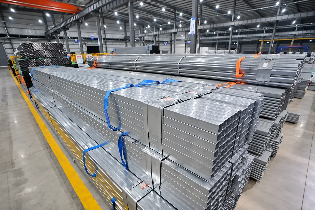 Bundles of steel fence sections on a factory floor