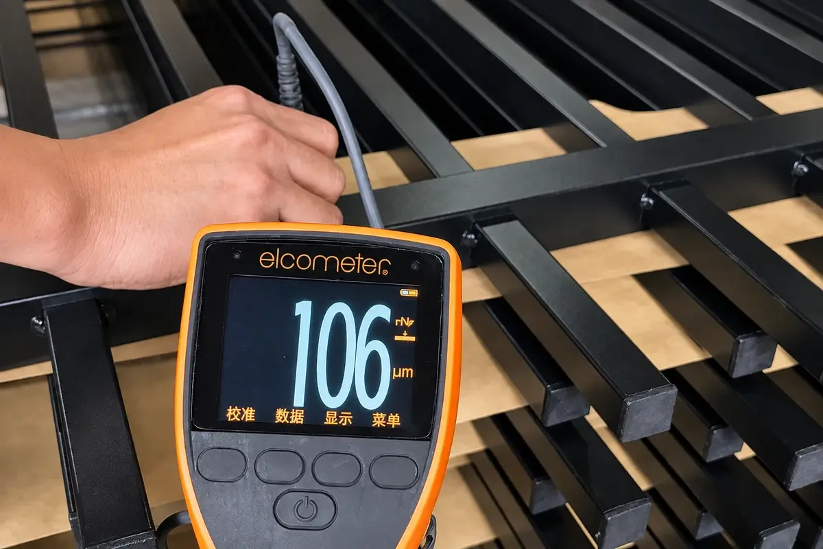 Handheld gauge checking the coating on a black steel fence section