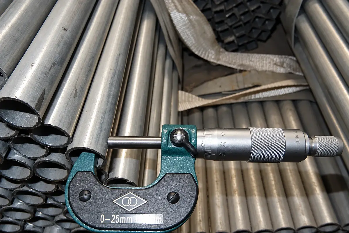 Micrometer measuring a steel tube among raw fence materials