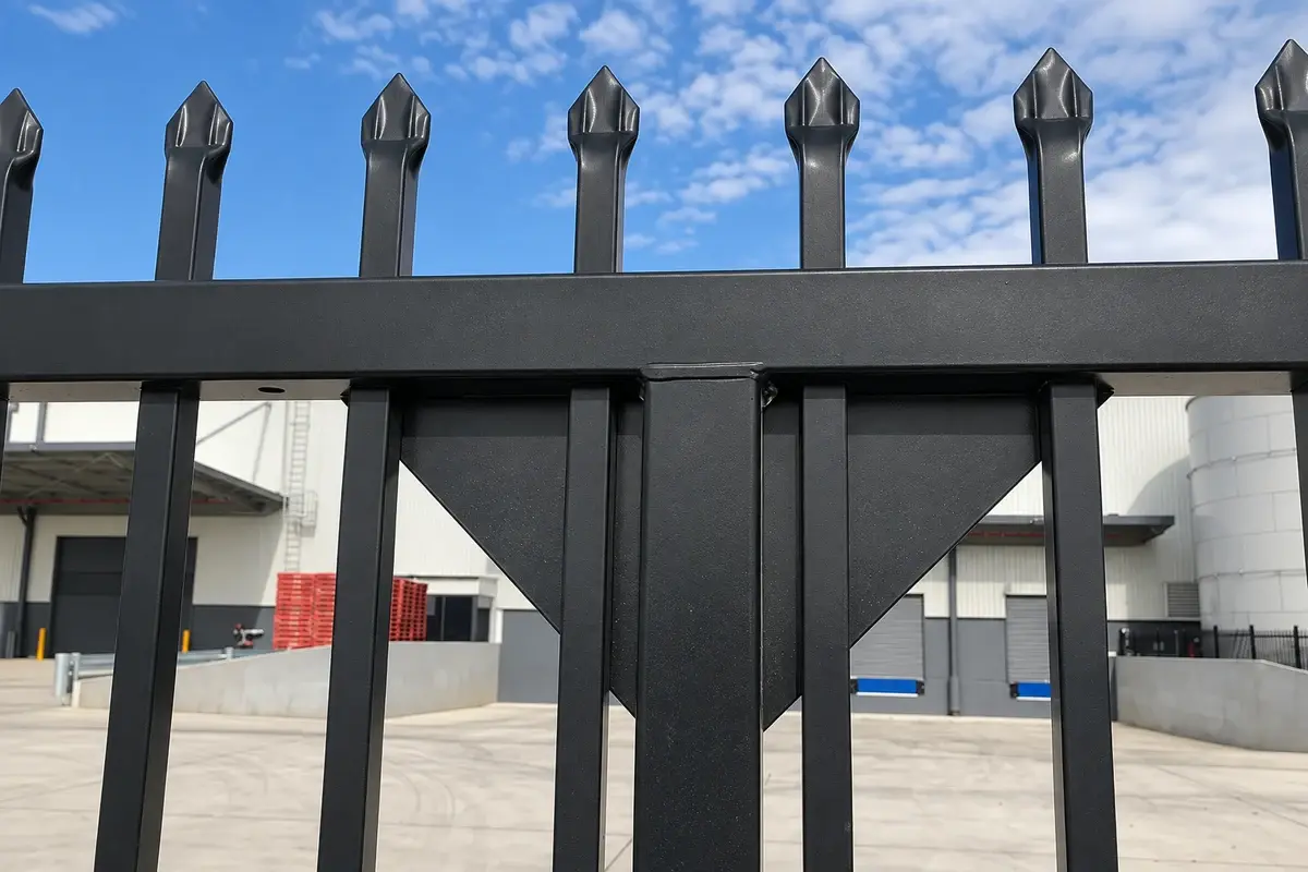 Close view of steel fence posts, rails and picket connections
