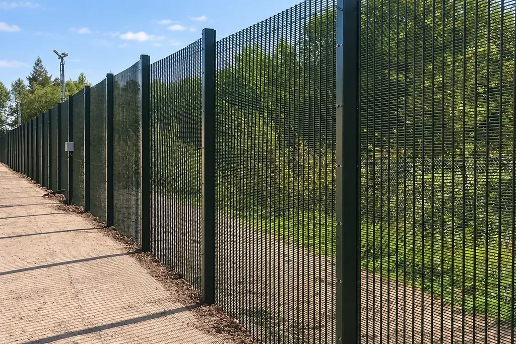 Black security mesh panels fixed to a line of steel posts