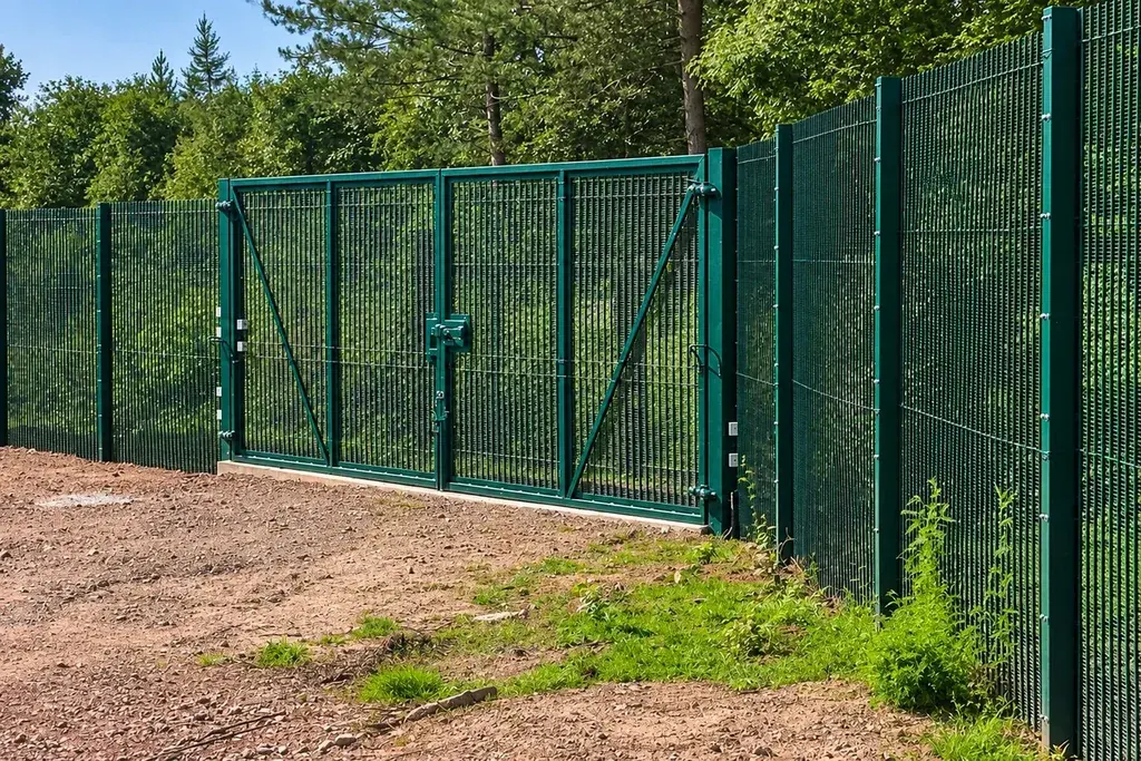 Green mesh gate within a matching security fence line