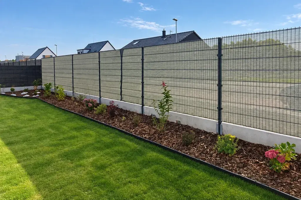 Installed open mesh steel fence panels and posts beside a building