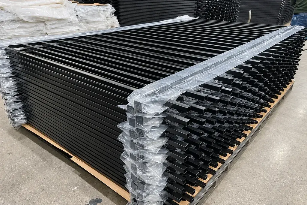 Black steel fence panels stacked and wrapped for dispatch