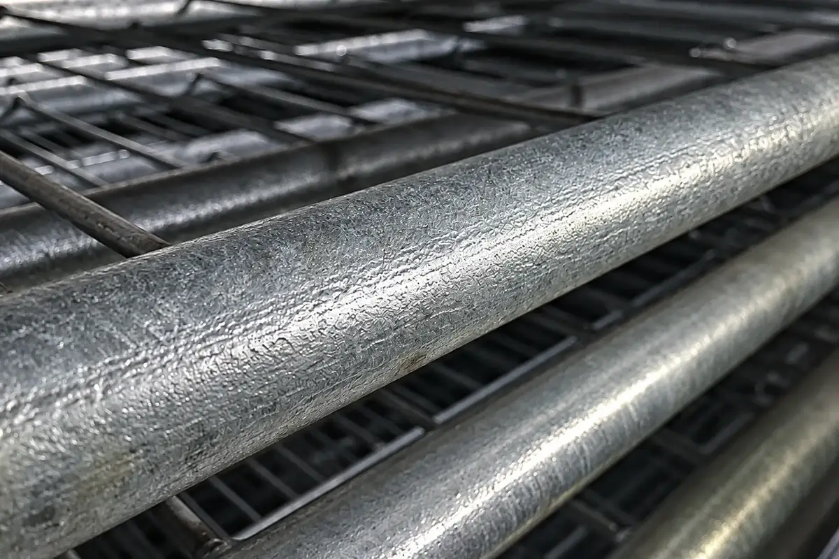 Close view of galvanized steel tubing on a farm gate