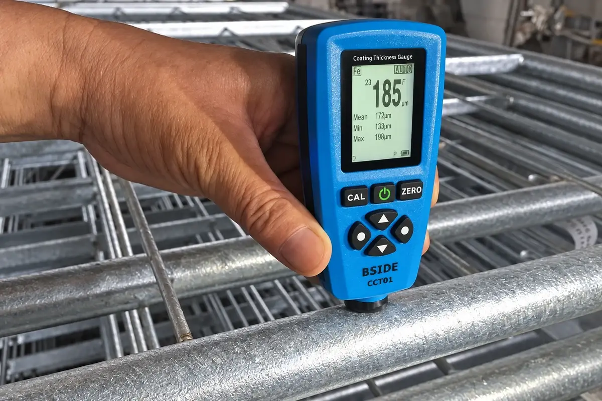 Handheld gauge placed against a galvanized steel tube